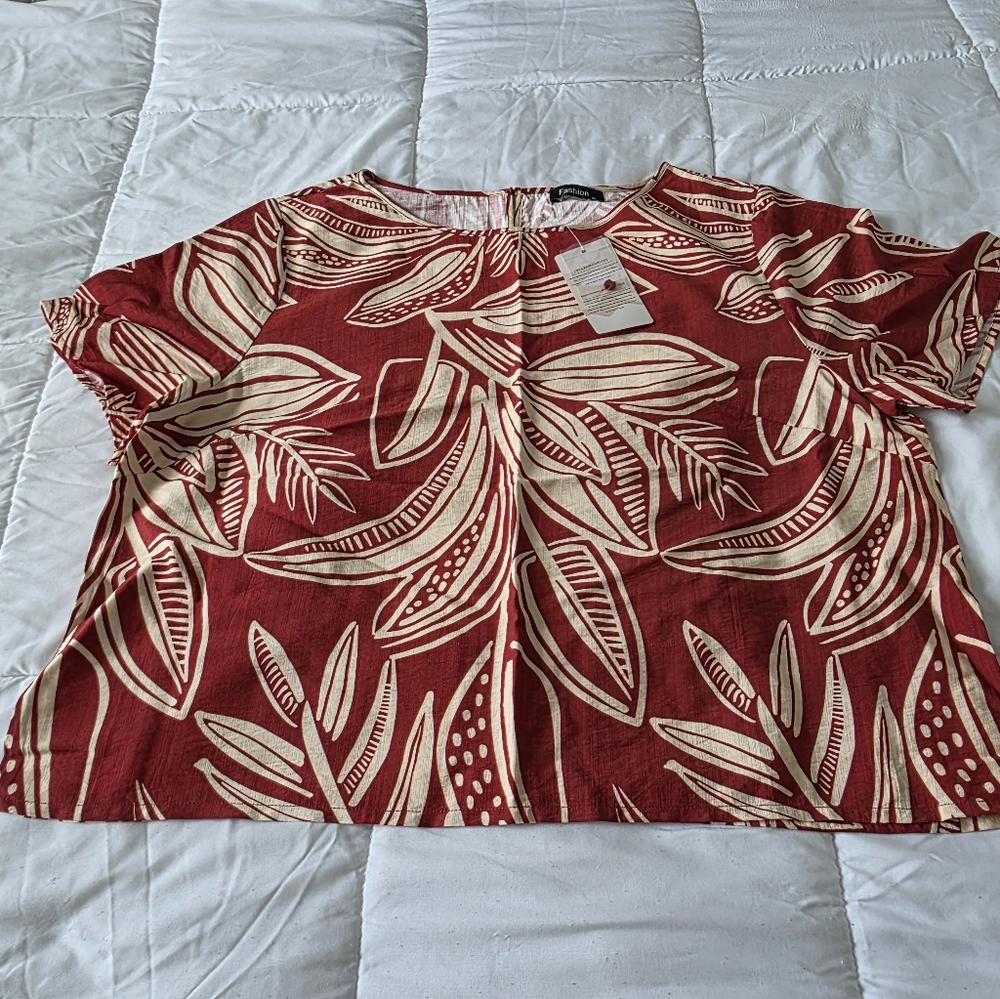 Tropical Print 2 Piece Vacation Set - Short Sleeve Top - Drawstring Shorts XL - Picture 2 of 11